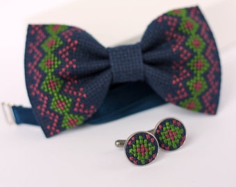Embroidery Navy Bow Tie For Men, Cross Stitch Cufflinks For Groom, Ukrainian Gift, Modern Cufflinks, Wedding Bow Tie For Men, Gift For Boys