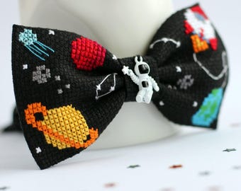 Black Embroidered Stars Bow Tie For Boyfriend, Planets Bow Tie, Cross Stitch Galaxy Pattern, Cosmic Bow Tie For Boys, Astronomy lover Tie