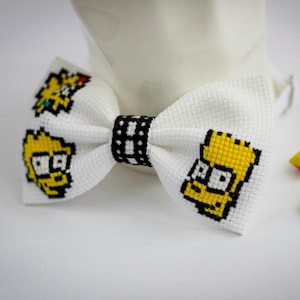 Embroidered Bow Tie With Simpson Kids For Boys, Cross Stitch Simpson Kids, Family Portrait Maggie Bart and Lisa Simpson, Super Cartoon Fan