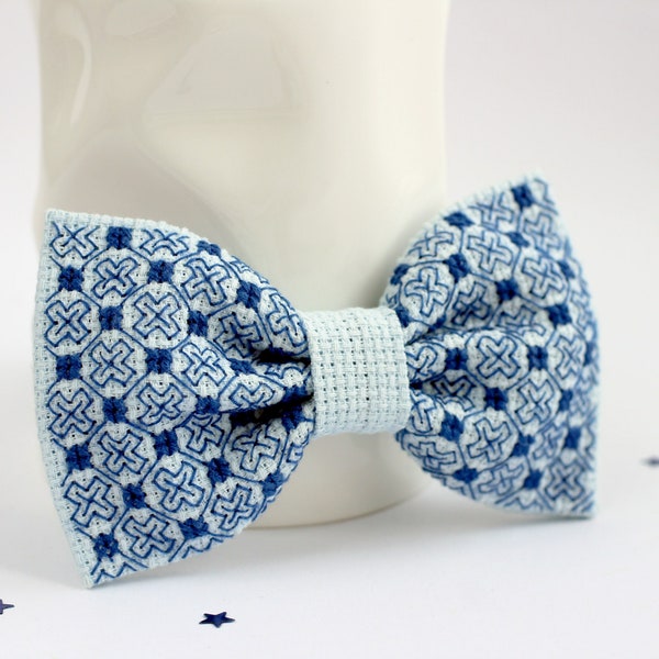 Blue Embroidery Bow Tie For Men, Cross Stitch Sky Bow Ties For Boys, Cotton Heavenly Accessory, Gift For Groomsmen Modern Wedding Accessory