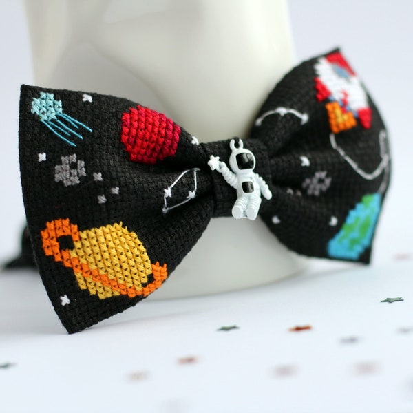 Planets Bow Tie, Cross Stitch Galaxy Pattern, Embroidery Stars Bow Tie, Cosmic Bow For Boyfriend, Astronomy lover Tie, Astronaut For Boys