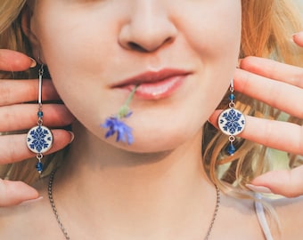 Miniature Cross Stitch Earrings, Embroidered Earrings,  Ethnic Blue Earrings, Folk Art Ukraine, Gift Young Girl, Wedding Cross Stitch Gift