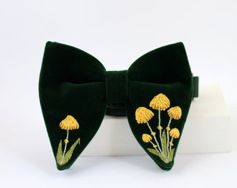 Green Velvet  Bow Tie, Mushrooms Embroidered Bow Tie, Handcrafted Style With Mushrooms, Pre-Tied Bow Ties, Wedding Bow Ties For Men