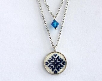 Blue Cross Stitch Pendant With Geometric Ornaments, Ethnic Embroidery Pendants, Modern Pendants, Gift For Bridesmaids, Ukrainian Gift