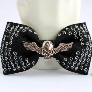 Embroidered Skull Bow Tie For Men, Black Cross Stitch Pre-Tied Accessory, Style Rocker Gift