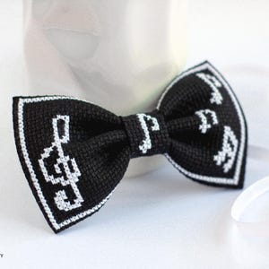 Music Bow Tie For Men, Black Embroidered Bow Tie With Notes For Boys, Cross Stitch Bow Tie, Treble Clef Gift For Musicial Composer