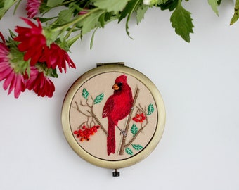 Cardinal Bird Mirror, Embroidered Compact Mirror, Pocket Mirror For Bridesmaid, Northern Red Cardinal, Cute Cardinal, Mirror Hen Party