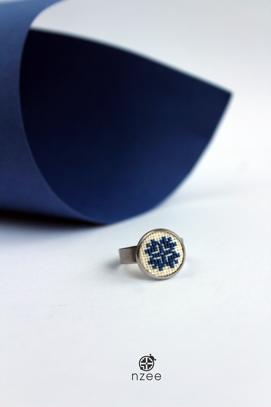 Embroidered Rings Blue Cross Stitch Rings Miniature Crosses Etsy