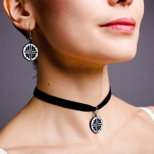 Embroidered Black and White Choker For Woman, Elegant Cross Stitch Choker, Ukrainian Jewelry, Bohemian Handmade Earrings, Gift For My Mom