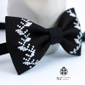 Embroidered Bow Tie For Men and Boys, Black Wedding Bow Tie For Groom, Style Cross Stitch Bow Ties, Pre-Tied Bowtie, Gift For My Husband