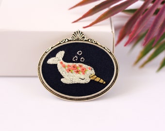 Narwhal Embroidery Brooch, Handcrafted Narwhal Brooch, Handembroidered Gift, Narwhal Lover, Cute Minuature Brooch, Mother's Day Gift