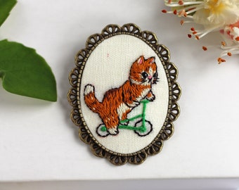 Embroidered Cat Brooch, Cat Cyclist Brooch, Cute Cat, Miniature Brooch For My Son, Handembroidered Brooch, Lovely Cat, Gift For My Girl