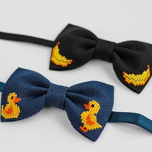 Embroidered Bow Tie With Duck and Bananas For Boys, Style Family Cross Stitch Accessory, Handmade Gift For My Son