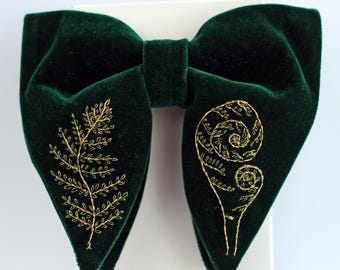 Green Velvet Bow Tie, Embroidered Golden Fern Accessory , Style Wedding Gift