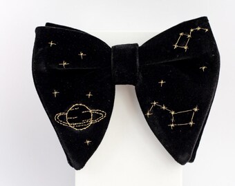 Embroidered Velvet Bow Tie With Gold Celestial, Planet & Constellations Bowtie, Astronomy lover Gift