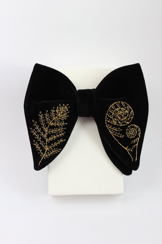 Black Velvet Bow Tie Embroidered Bow Tie Golden Fern Bowtie 