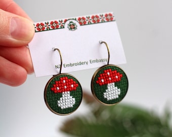 Mushrooms Embroidery Earrings, Cross Stitch Fly Agaric Earrings, Miniature Mushrooms, Gentle Gift For Bride, Gift For My Daughter