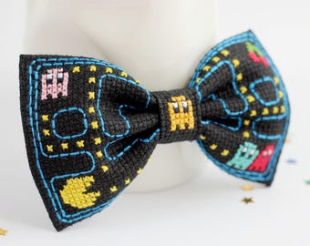 Pac-Man Bow Tie For Boys, Cross Stitch Pac-Man Bow Ties For Men, Embroidered Creative Bow Ties, Gamer Style Bow Tie, Cute Video Game Pac-Man