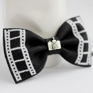 Embroidered Camera Bow Tie, Black Cross Stitch Accessory For Boys, Style Miniature Gift For Photographer