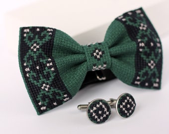 Embroidery Bow Tie, Cross Stitch Green Bow Tie, Wedding Cufflinks For Men, Modern Gift For My Son, Unisex Cufflinks, Pre-Tied Groomsmen Bows