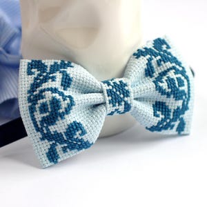 Embroidered Bow Tie For Men and Boys, Blue Cross Stitch Style Accessory, Handmade Wedding Pre-Tied Gift