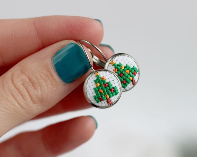 Christmas Earrings, Cross Stitch Christmas Tree, Embroidered Pendant, Miniature Tree Set, Style Bestfriend Gift