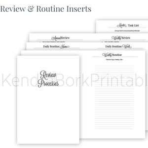 May include: A set of printable planner pages for reviewing and planning daily, weekly, and monthly routines. The pages are designed to help you stay organized and on track with your goals. The pages include titles such as "Annual Review", "Master Task List", "Weekly Review", "Daily Routine: Home", "Daily Routine: Work", and "Weekly Routine".