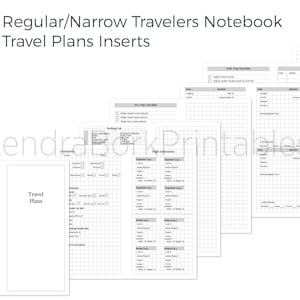 May include: Printable travel planner inserts for a regular or narrow travelers notebook. The inserts include pages for packing lists, flight information, expenses, and weather.