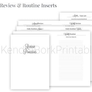 May include: A set of printable planner pages for reviewing and planning daily, weekly, and monthly routines. The pages are designed to help you stay organized and on track with your goals. The pages include sections for daily routines, weekly routines, and a master task list.