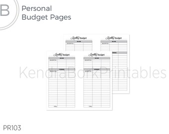 May include: Four printable monthly budget pages with columns for description, income, and expenses. Each page has a title that says "Monthly Budget".