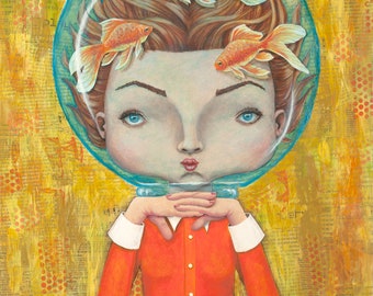 Art Print Fishbowl Mermaid, Surreal Art, Whimsical Art, Aquarium