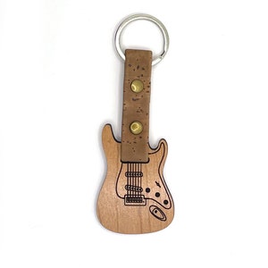 Music Lover&#39;s Gift - Electric Guitar Stratocaster Shaped Handcrafted Wooden Keyring