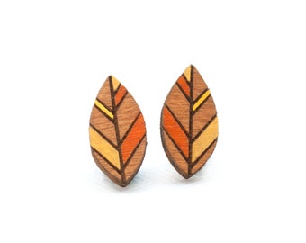 Handcrafted Laser Cut Wood Autumn Leaf Stud Earrings for a Stylish Statement