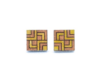 Handcrafted Laser Cut Wood Gold Accent Stud Earrings for a Stylish Statement