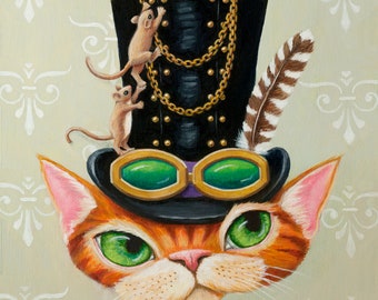 Art Print Steampunk Cat, Surreal Art, Whimsical Art, Funny Animals