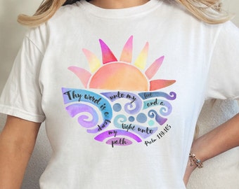 Psalm 119:105 Ditt ord är en lampa T-shirt, soltröja, bibelvers T-shirt, strand T-shirt, trosbaserad T-shirt, solnedgångströja, bibelvers T-shirt, sol