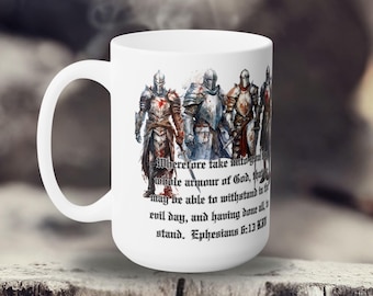 Taza de cerámica para hombre Full Armor of God Knights de 15 oz, Efesios 6:13, Taza de las Escrituras, Regalo para hombres, Regalos cristianos, Versículo de la Biblia, Día del Padre