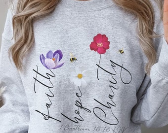 Tro hopp och kärlek kristen tröja, bibelvers rund hals, kristna skjortor, bibelversskjortor, Jesuskläder, trobaserad skjorta