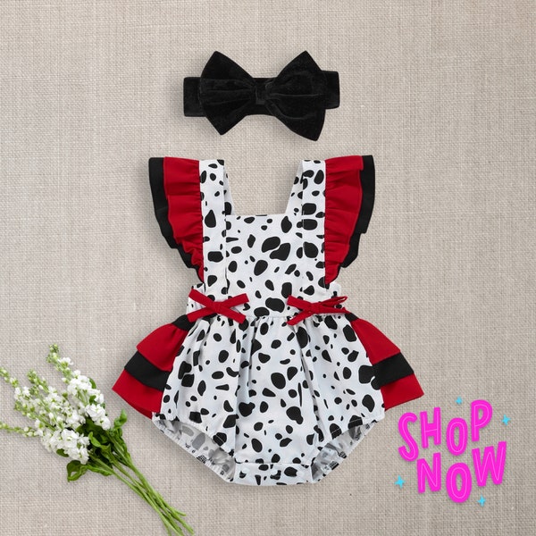 Baby Girl Cruella Halloween Costume, Personalized Dalmatian 101 Outfit, Cruella De Vil Birthday Outfit, Baby Cake Smash Photoshoot Romper