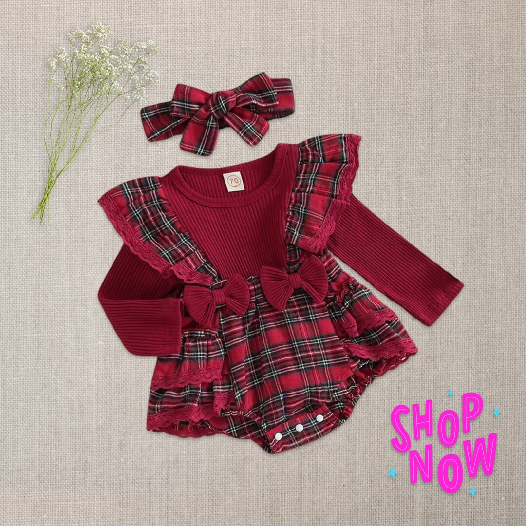 Baby Girl Christmas Outfit Checkered Red Pattern, Christmas Dress Girl