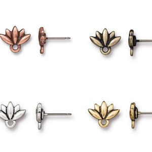 May include: Set of three pairs of lotus flower earring findings. The findings are available in antique brass, antique copper, and antique silver.