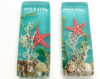 One of a Kind, SEASIDE Rectangular Cabochon, Handmade, Resin, Dried Flowers, Beach Combed Starfish