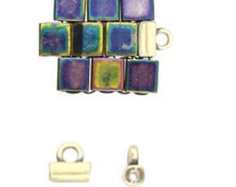 May include: A set of 12 iridescent square tiles with silver metal connectors. The tiles are arranged in a square shape. The set also includes two silver metal clasps.