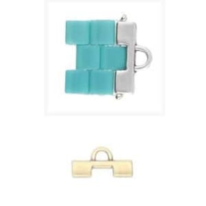 May include: Two jewellery clasps, one silver and one gold. The silver clasp has a turquoise blue plastic insert. Both clasps have a loop on the top.