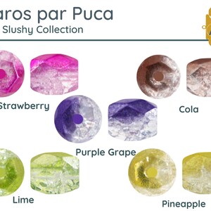 May include: Baros par Puca Ice Slushy Collection: A set of 10 colorful glass beads with a variety of flavors, including strawberry, cola, purple grape, lime, and pineapple.