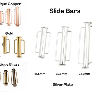 Tube Slide Clasps, Brass, Copper, Silver and Gold, 21.5mm, 26.5mm, & 31.5mm, 2 bars per package