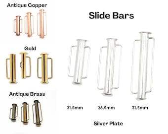 Tube Slide Clasps, Brass, Copper, Silver and Gold, 21.5mm, 26.5mm, & 31.5mm, 2 bars per package