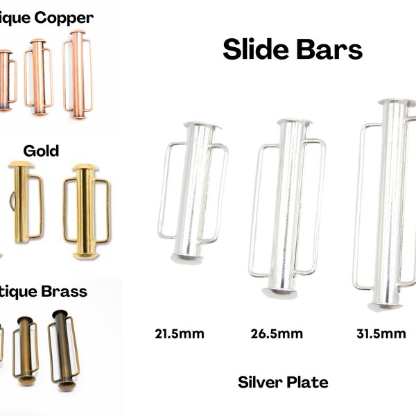 Tube Slide Clasps, Brass, Copper, Silver and Gold, 21.5mm, 26.5mm, & 31.5mm, 2 bars per package