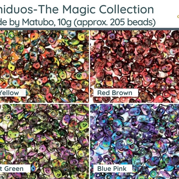 MINIDUOS, 10g ~205 Beads, + FREE Pattern with Order, Magic Coating, Violet Green, Blue Pink, Red Brown & Red Yellow