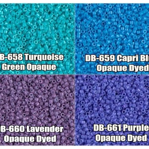 May include: Four different colors of opaque plastic beads: turquoise green, capri blue, lavender, and purple. Each color is labeled with a code and description.